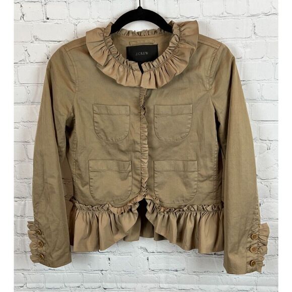 J.CREW beige chino ruffles stretch cotton pockets jacket blazer size 00 NWOT - Picture 1 of 13